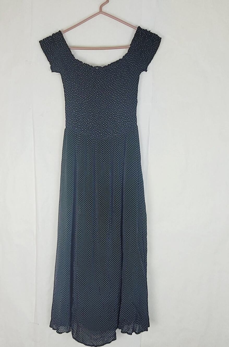 Lulu's black and white polka dot smocked off shoulder dress Size Small Retro
